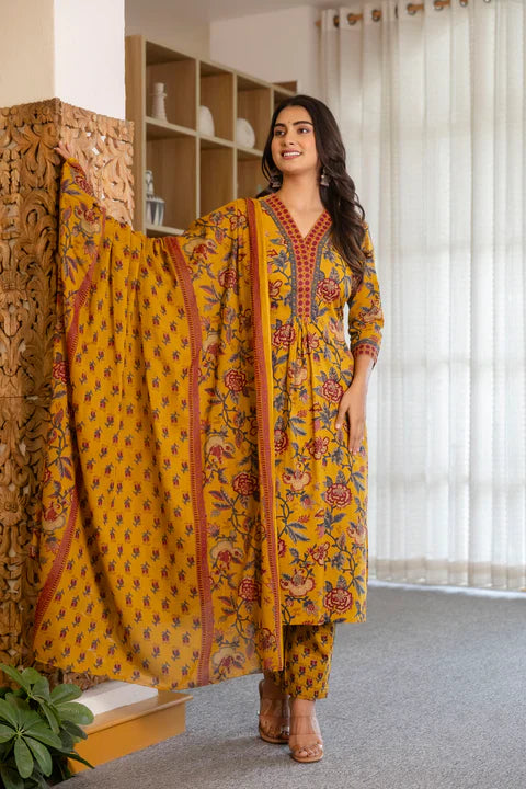 Jaipur Kurta Mustard Floral Suit Set with Mul Dupatta
