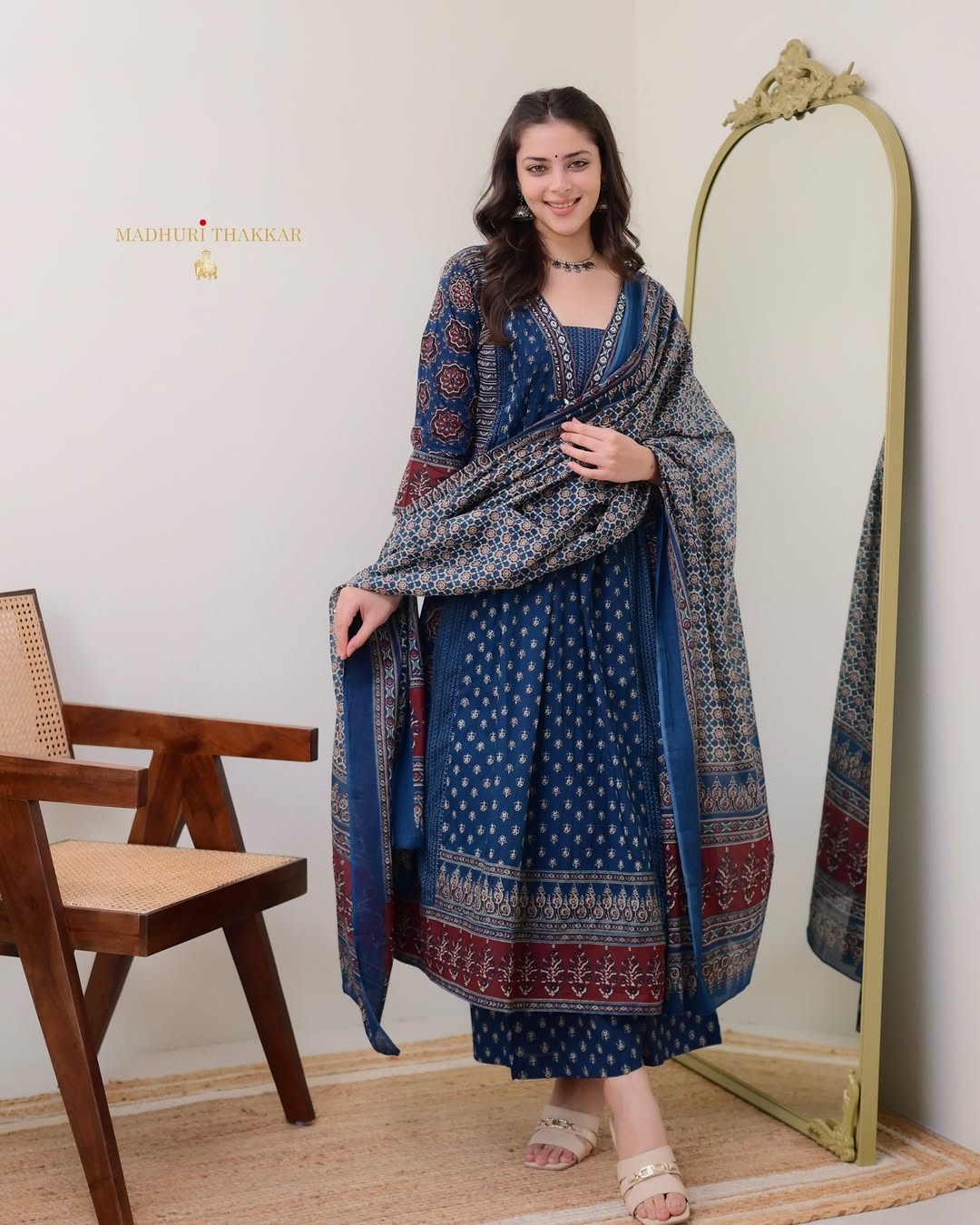 Jaipur Kurta Beautiful Blue Aline Premium Cotton Suit dupatta set