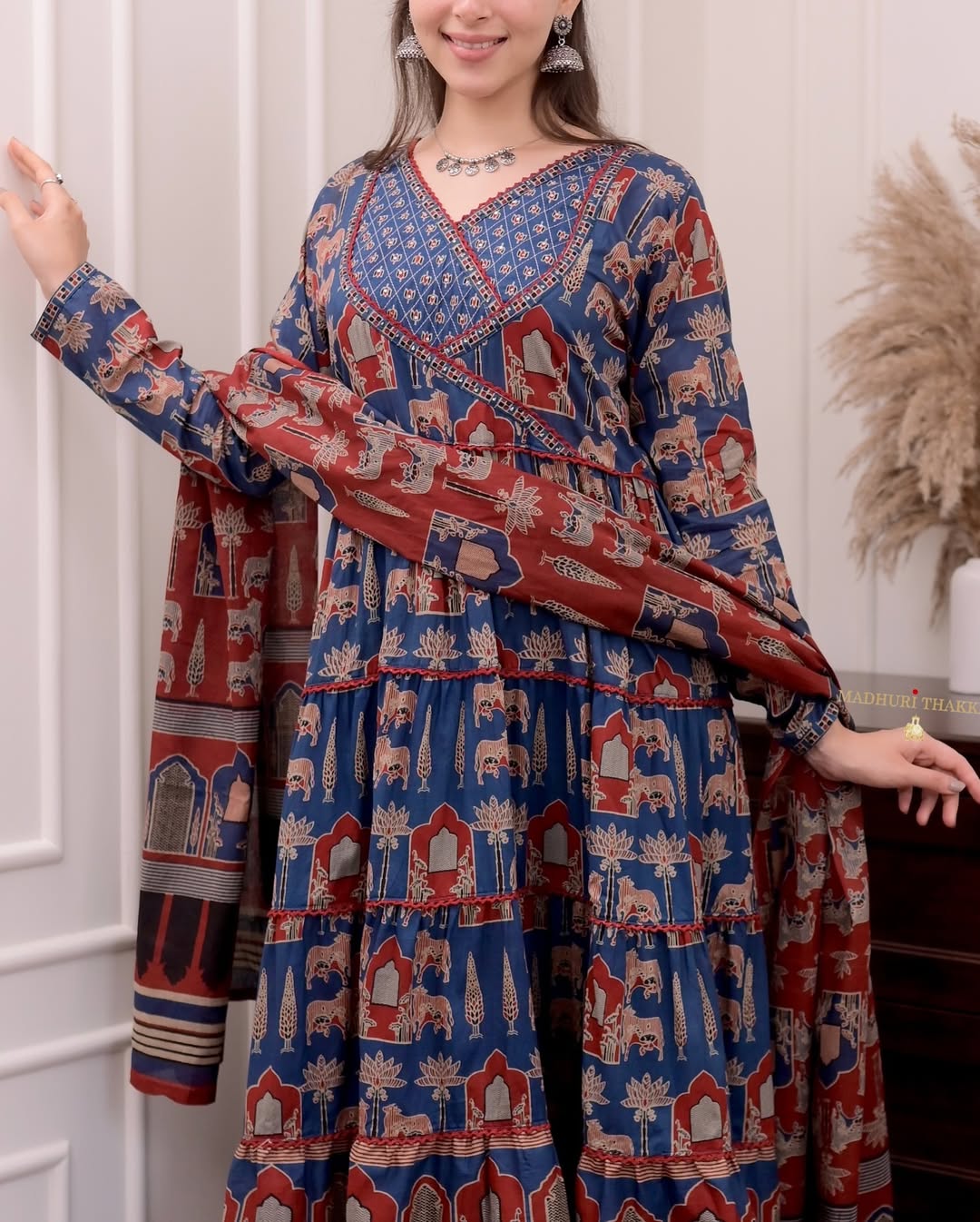 Jaipur Kurta Premium Navy Blue Printed Cotton Anarkali Suit set