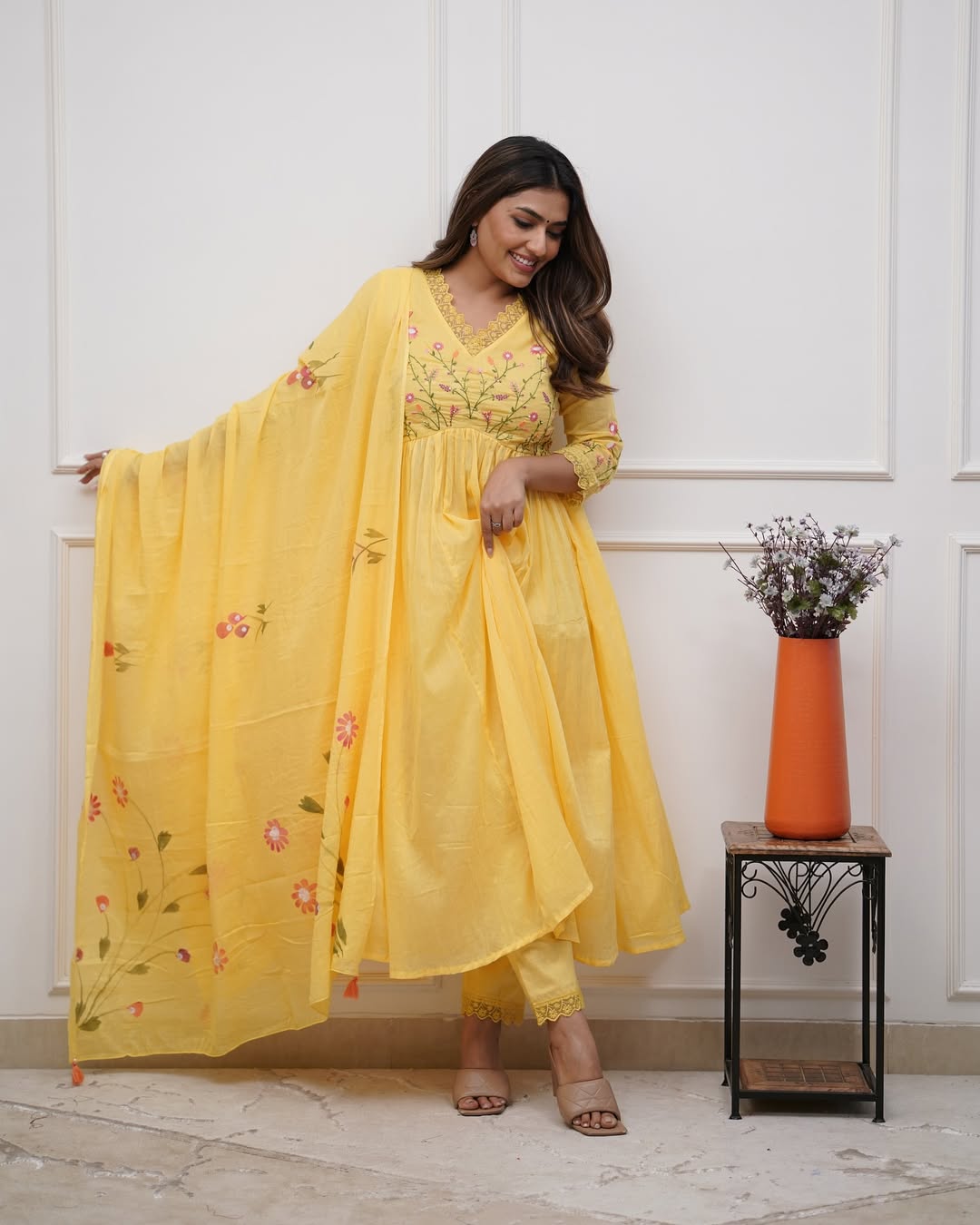 Yellow Pure Cotton Kurta and Pants With Dupatta | For Women