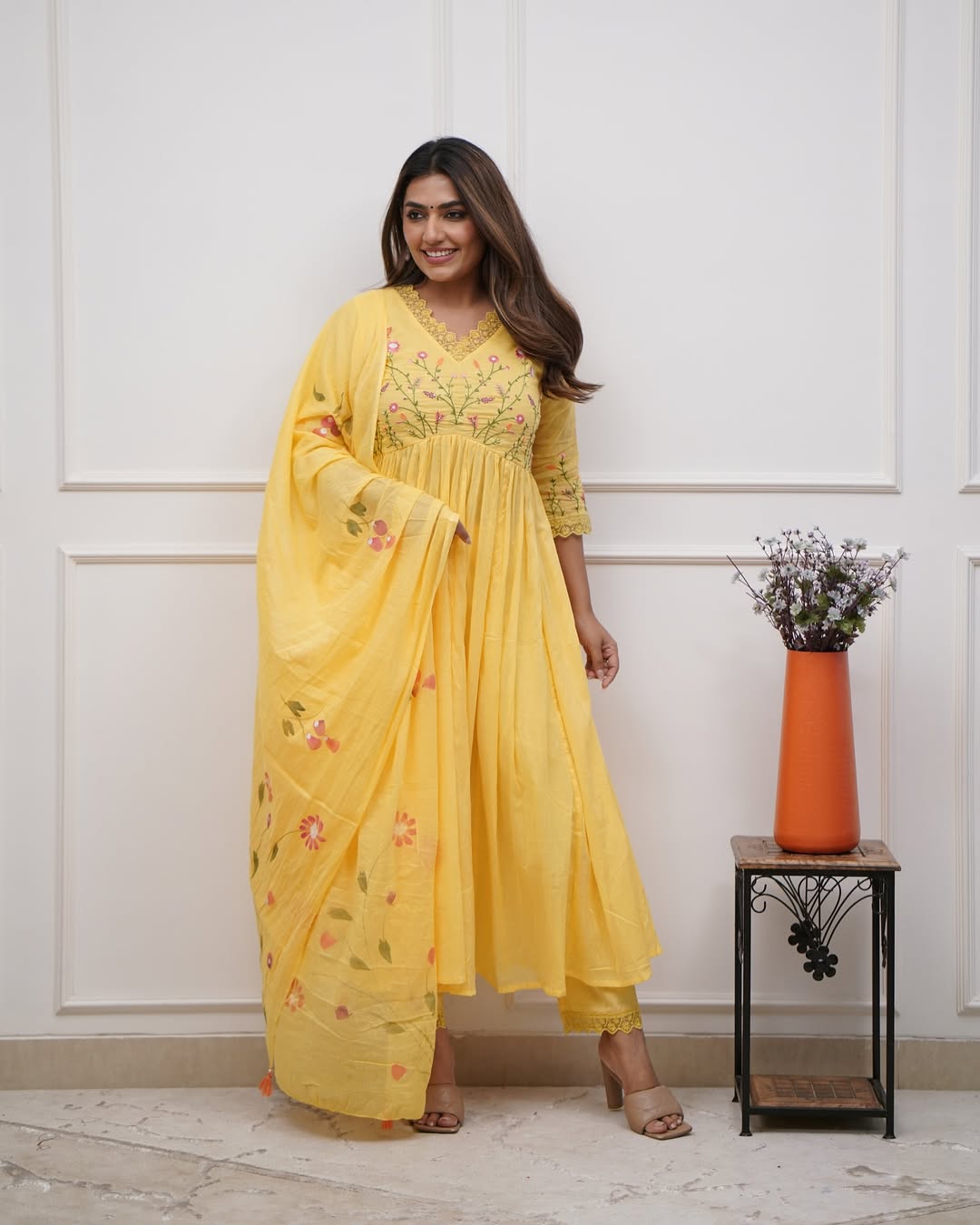 Yellow Pure Cotton Kurta and Pants With Dupatta | For Women