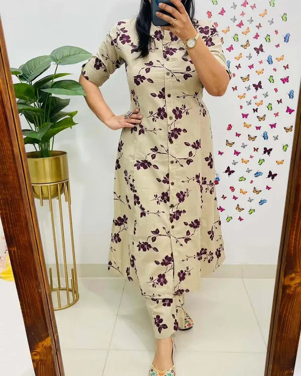 Jaipur Kurta Cream Pure Cotton Printed Kurta And Pants For Women