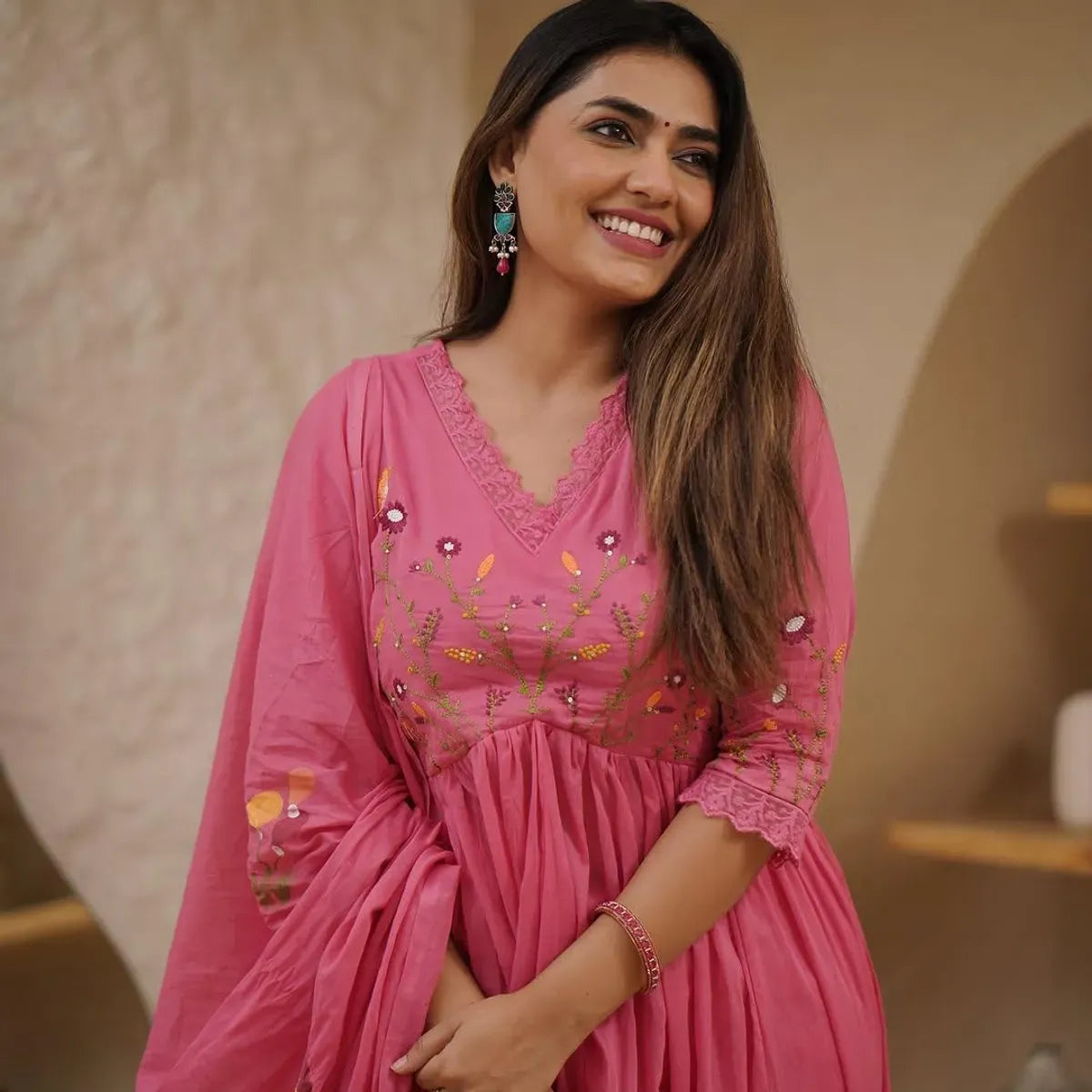 Peach Pure Cotton Kurta and Pants With Dupatta For Women