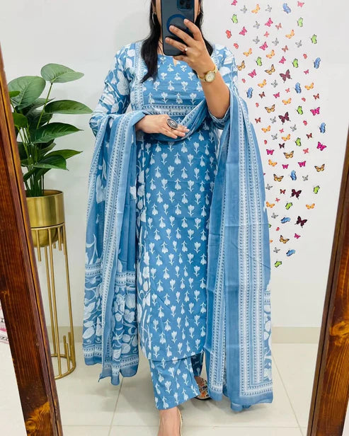 Jaipur Kurta Sky Blue Cotton Kurta Pant With Dupatta