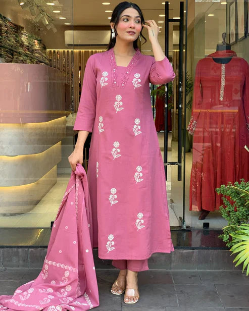 Jaipur Kurta Pink Beautiful Pure Cotton Kurta Pant Suit With Dupatta