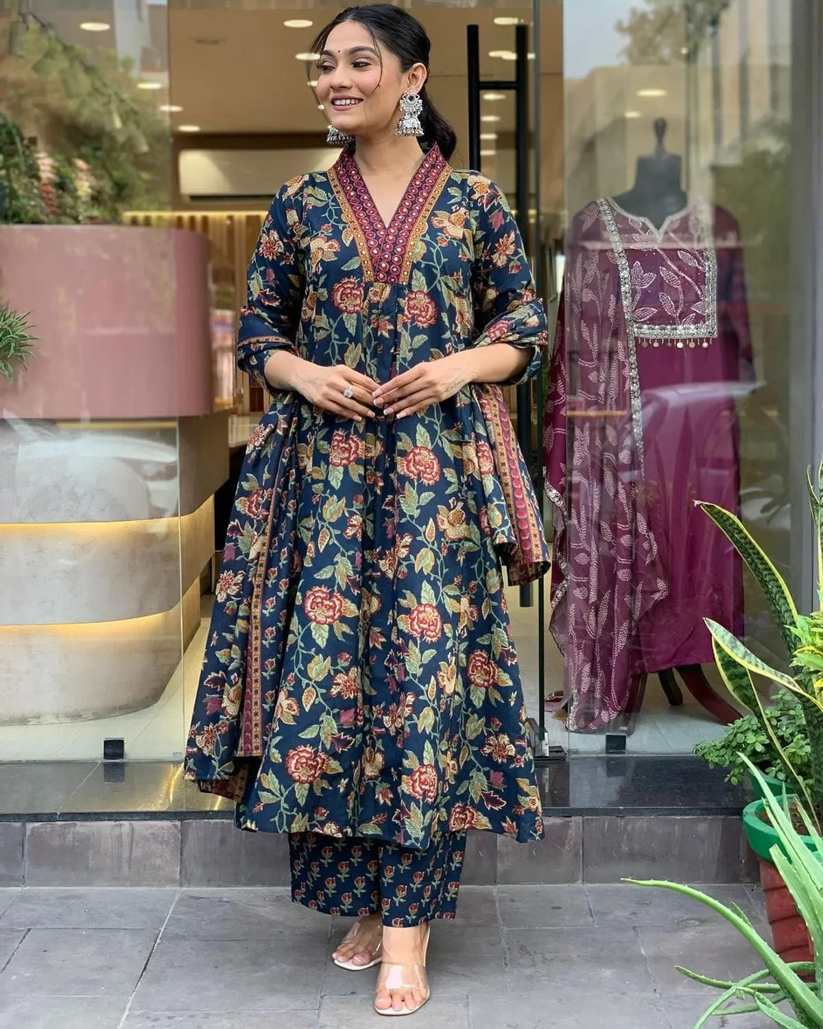Jaipur Kurta Blue Cotton Floral Printed Kurta And Pant With Mulmul Dupatta | For Women
