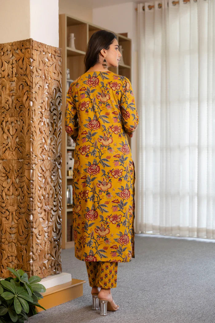 Jaipur Kurta Mustard Floral Suit Set with Mul Dupatta