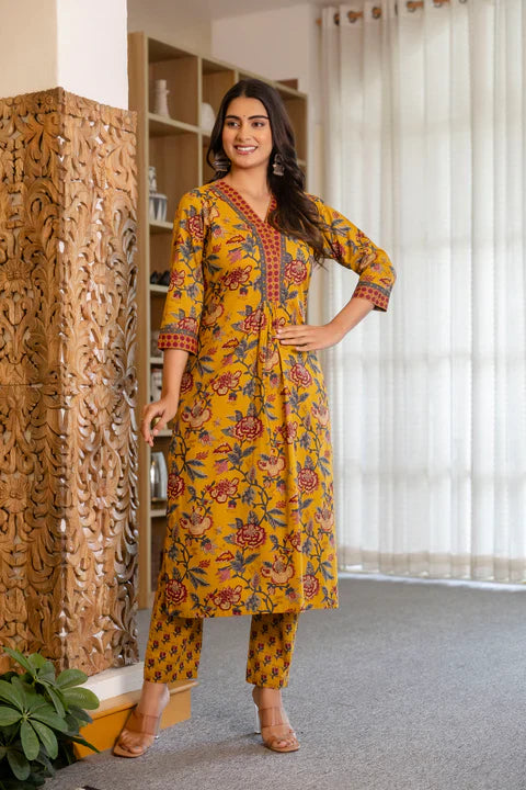 Jaipur Kurta Mustard Floral Suit Set with Mul Dupatta