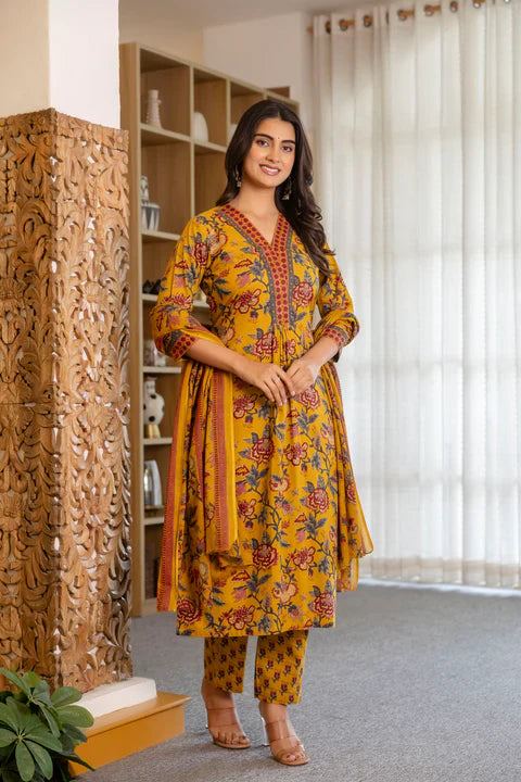 Jaipur Kurta Mustard Floral Suit Set with Mul Dupatta