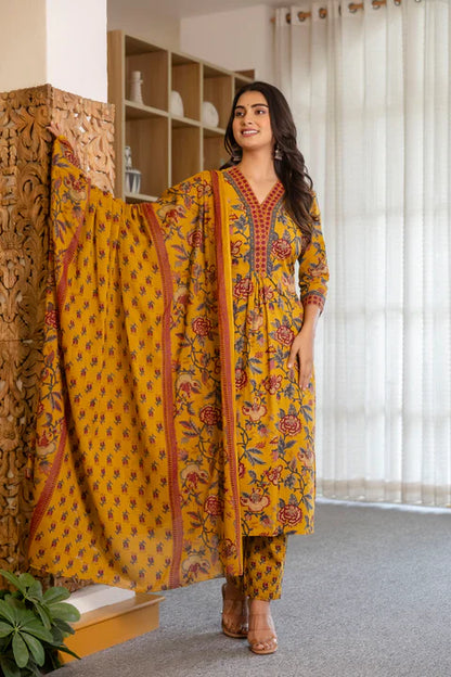 Jaipur Kurta Mustard Floral Suit Set with Mul Dupatta