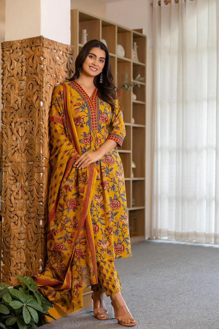 Jaipur Kurta Mustard Floral Suit Set with Mul Dupatta