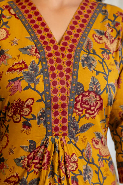 Jaipur Kurta Mustard Floral Suit Set with Mul Dupatta