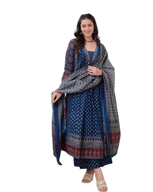Jaipur Kurta Beautiful Blue Aline Premium Cotton Suit dupatta set