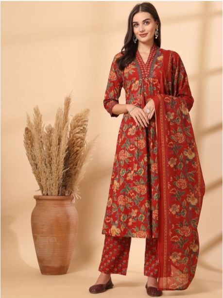 Jaipur Kurta Women Floral Printed Empire Mirror Work Pure Cotton kurta With Trousers & With Dupatta