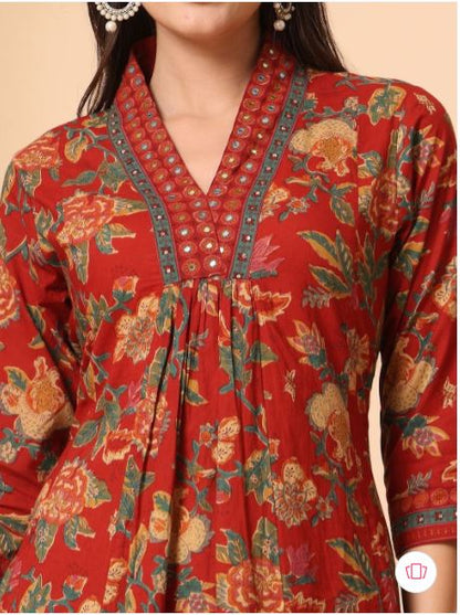 Jaipur Kurta Women Floral Printed Empire Mirror Work Pure Cotton kurta With Trousers & With Dupatta