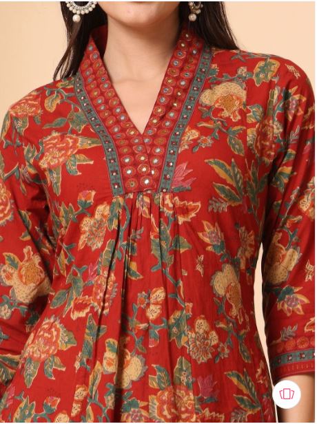 Jaipur Kurta Women Floral Printed Empire Mirror Work Pure Cotton kurta With Trousers & With Dupatta