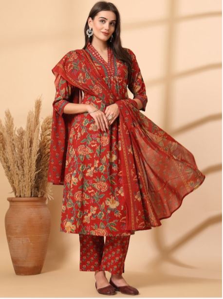 Jaipur Kurta Women Floral Printed Empire Mirror Work Pure Cotton kurta With Trousers & With Dupatta