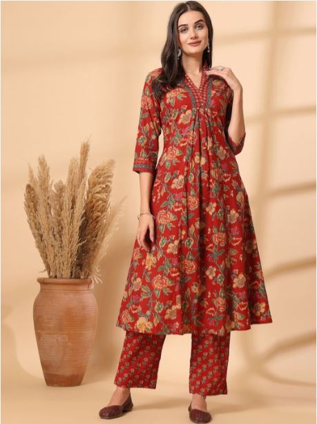 Jaipur Kurta Women Floral Printed Empire Mirror Work Pure Cotton kurta With Trousers & With Dupatta