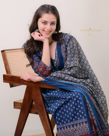 Jaipur Kurta Beautiful Blue Aline Premium Cotton Suit dupatta set