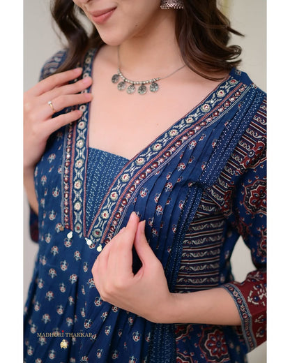 Jaipur Kurta Beautiful Blue Aline Premium Cotton Suit dupatta set