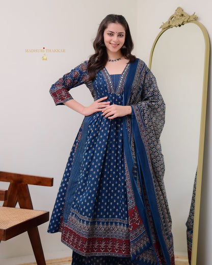 Jaipur Kurta Beautiful Blue Aline Premium Cotton Suit dupatta set