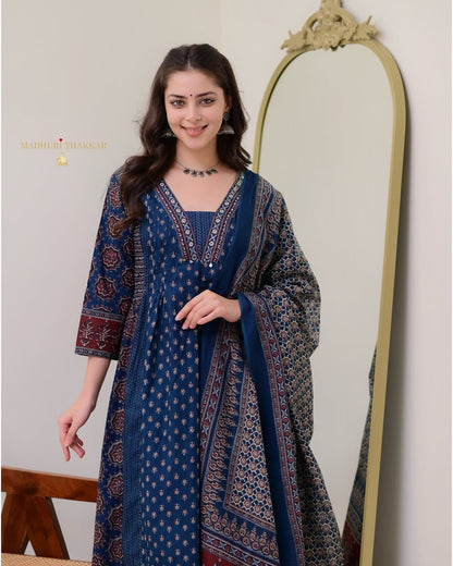 Jaipur Kurta Beautiful Blue Aline Premium Cotton Suit dupatta set