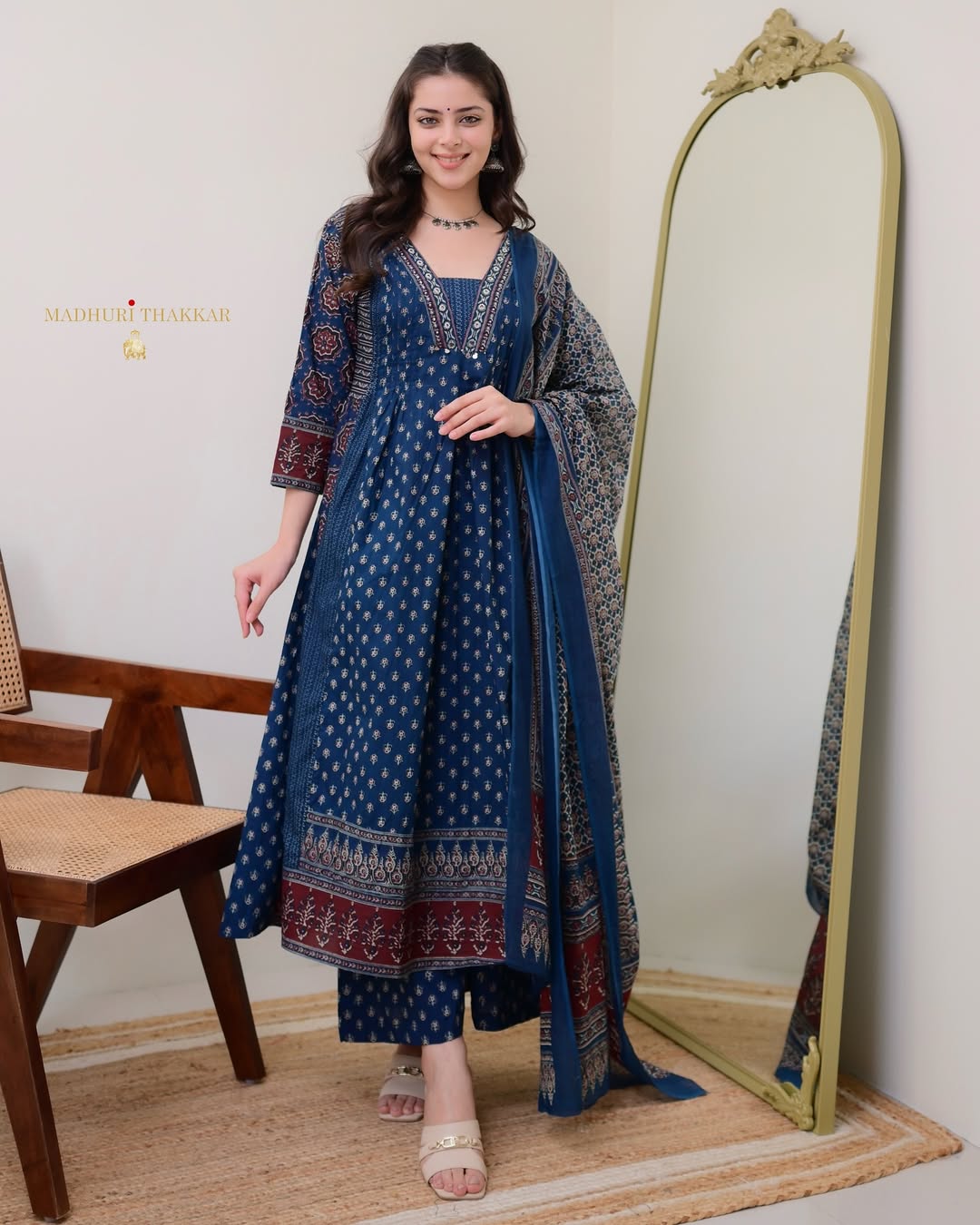 Jaipur Kurta Beautiful Blue Aline Premium Cotton Suit dupatta set