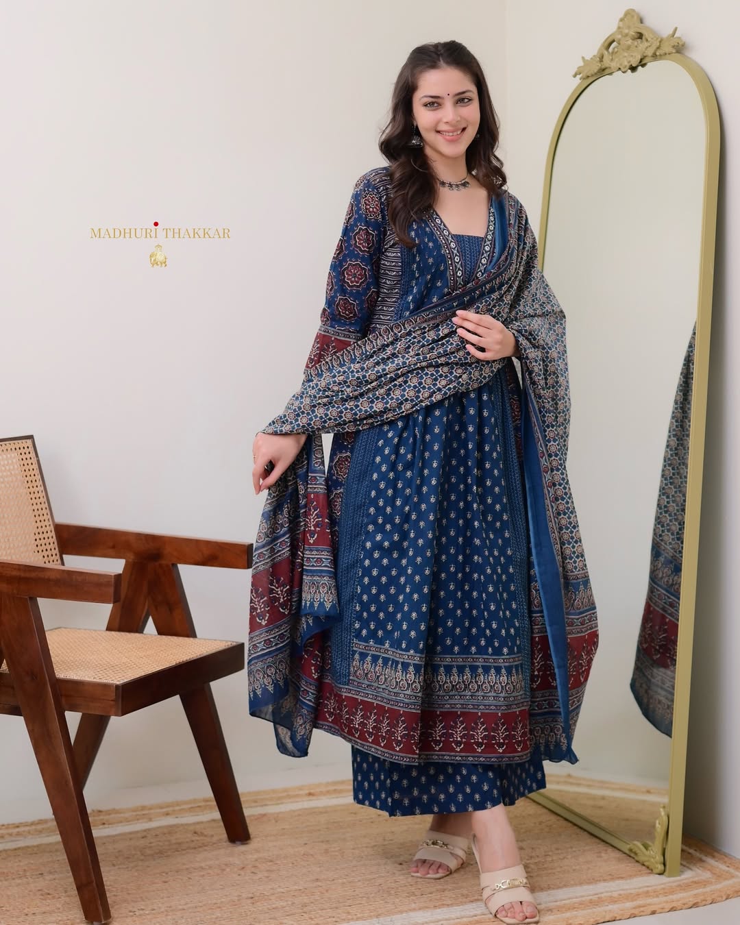 Jaipur Kurta Beautiful Blue Aline Premium Cotton Suit dupatta set