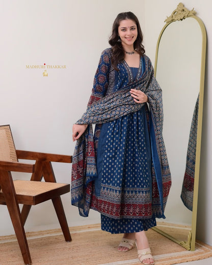 Jaipur Kurta Beautiful Blue Aline Premium Cotton Suit dupatta set