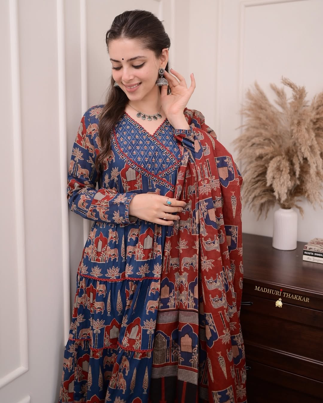 Jaipur Kurta Premium Navy Blue Printed Cotton Anarkali Suit set