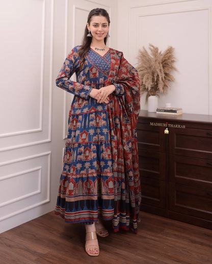 Jaipur Kurta Premium Navy Blue Printed Cotton Anarkali Suit set