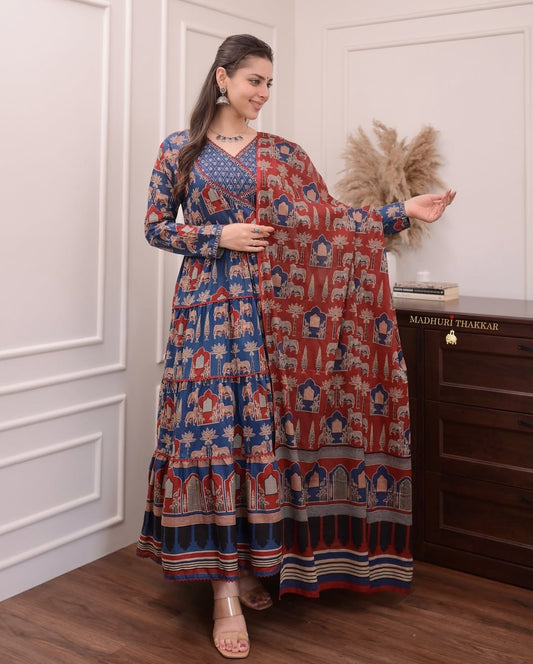 Jaipur Kurta Premium Navy Blue Printed Cotton Anarkali Suit set