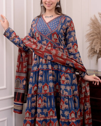 Jaipur Kurta Premium Navy Blue Printed Cotton Anarkali Suit set