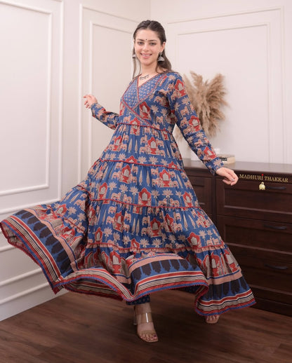 Jaipur Kurta Premium Navy Blue Printed Cotton Anarkali Suit set