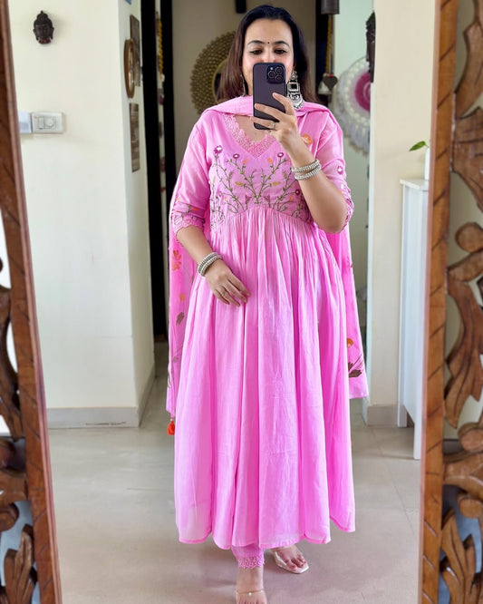 Jaipur Kurta Pink Pure Cotton Kurta and Pants With Dupatta | For Women