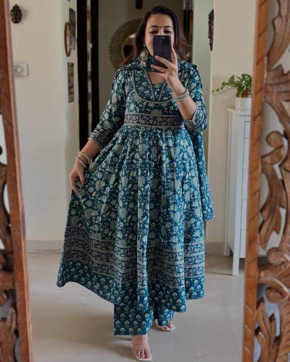 Jaipur Kurta Beautiful printed with embroidery work anarkali kurta dupatta set in new summer colour