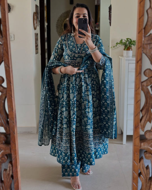 Jaipur Kurta Beautiful printed with embroidery work anarkali kurta dupatta set in new summer colour