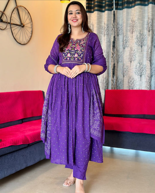 Jaipur Kurta Purple Pure Cotton Embroidered Kurta and Pants with Dupatta For Women