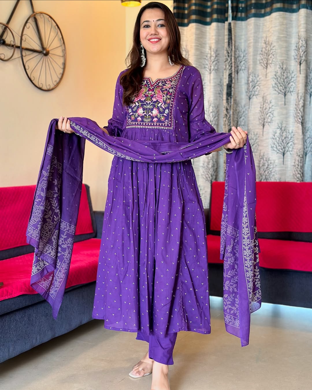 Jaipur Kurta Purple Pure Cotton Embroidered Kurta and Pants with Dupatta For Women