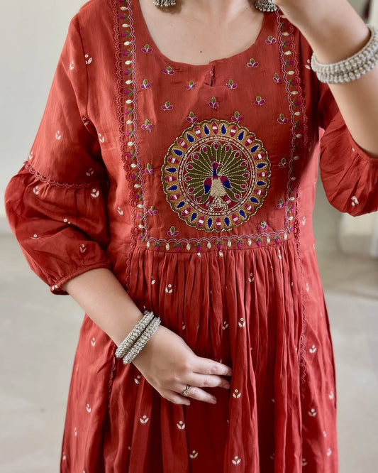 Jaipur Kurta Orange Pure Cotton Embroidered Kurta and Pants with Dupatta For Women