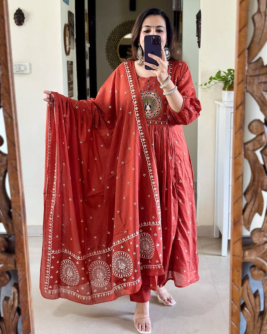Jaipur Kurta Orange Pure Cotton Embroidered Kurta and Pants with Dupatta For Women