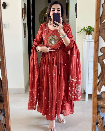 Jaipur Kurta Orange Pure Cotton Embroidered Kurta and Pants with Dupatta For Women