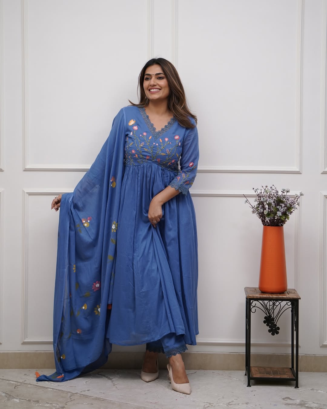 Blue Pure Cotton Kurta and Pants With Dupatta | For Women