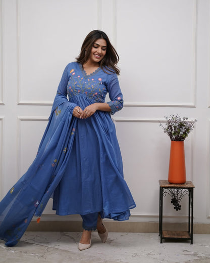 Blue Pure Cotton Kurta and Pants With Dupatta | For Women