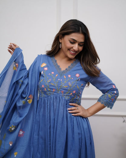 Blue Pure Cotton Kurta and Pants With Dupatta | For Women