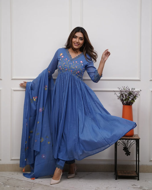 Blue Pure Cotton Kurta and Pants With Dupatta | For Women