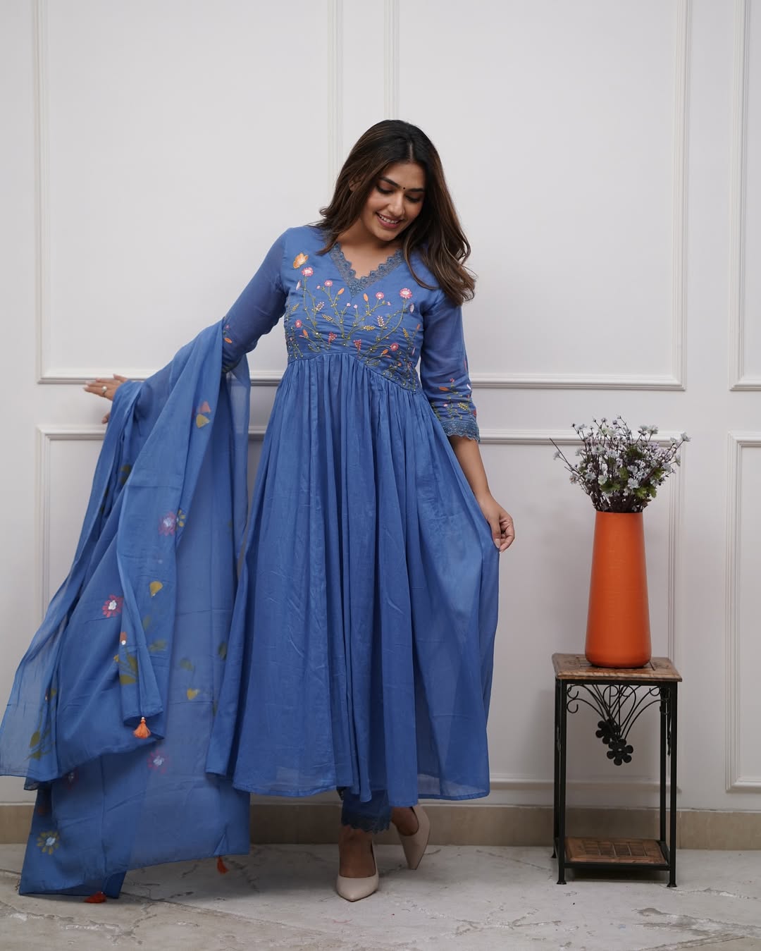 Blue Pure Cotton Kurta and Pants With Dupatta | For Women
