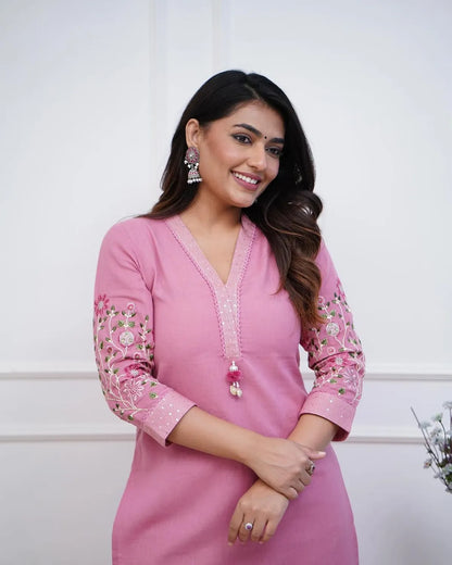 Jaipur Kurta monochrome cotton pant set with Embriodrary detailing in sleeves and neck