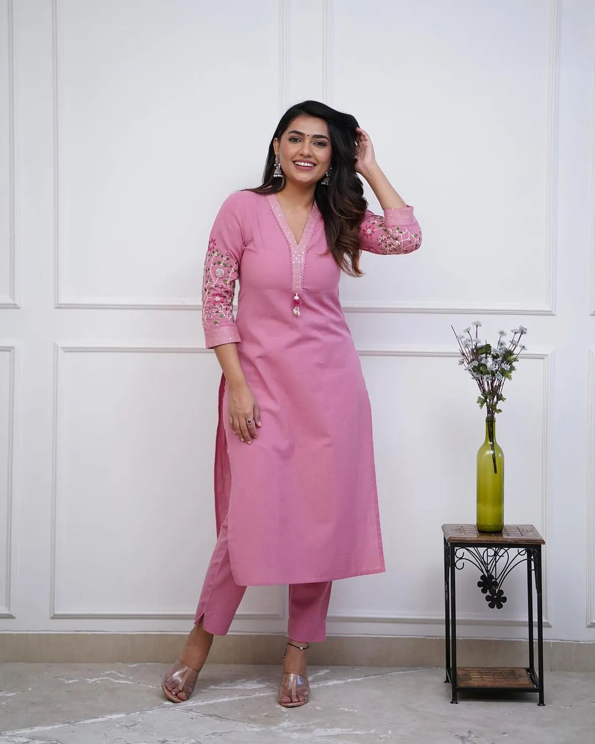 Jaipur Kurta monochrome cotton pant set with Embriodrary detailing in sleeves and neck