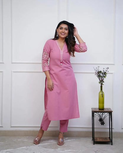 Jaipur Kurta monochrome cotton pant set with Embriodrary detailing in sleeves and neck